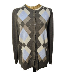 CROFT & BARROW Womens Size Large Long Sleeve Button Down Argyle Sweater Acrylic